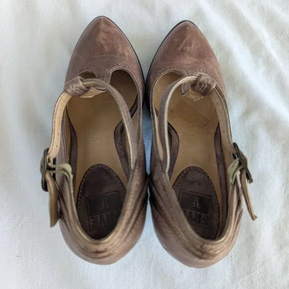 RARE Frye Brown T-strap Leather Pumps Distressed-style Vintage-inspired heels - Picture 7 of 11